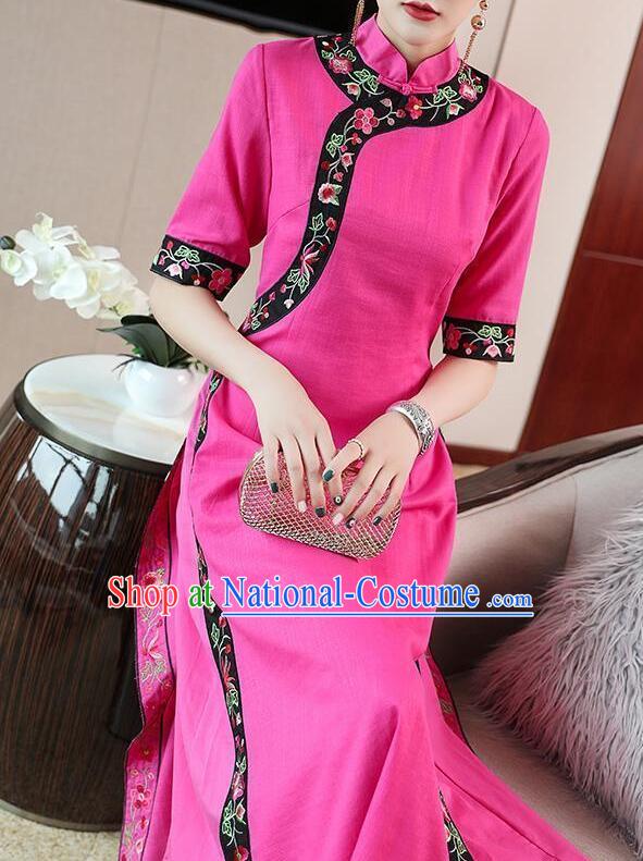 Chinese Traditional Cheongsam Embroidered Megenta Dress Aodai Qipao