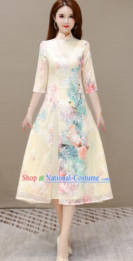 Chinese Embroidered Dress Aodai Qipao Traditional Apricot Cheongsam