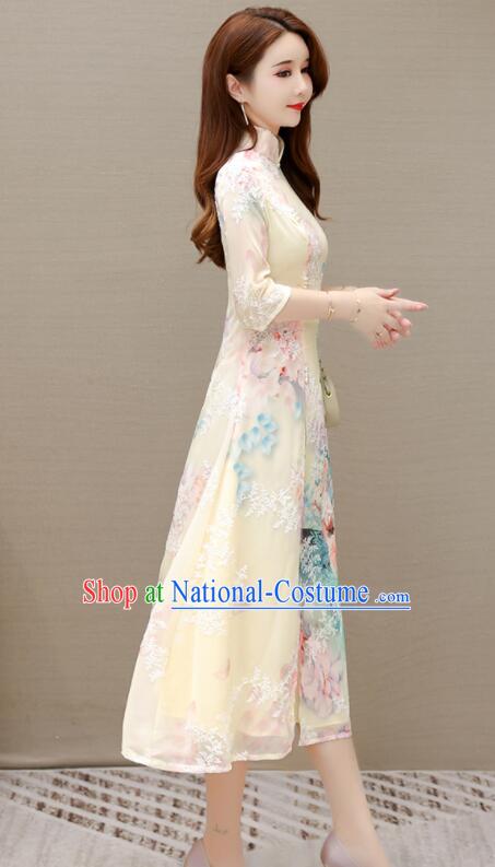 Chinese Embroidered Dress Aodai Qipao Traditional Apricot Cheongsam