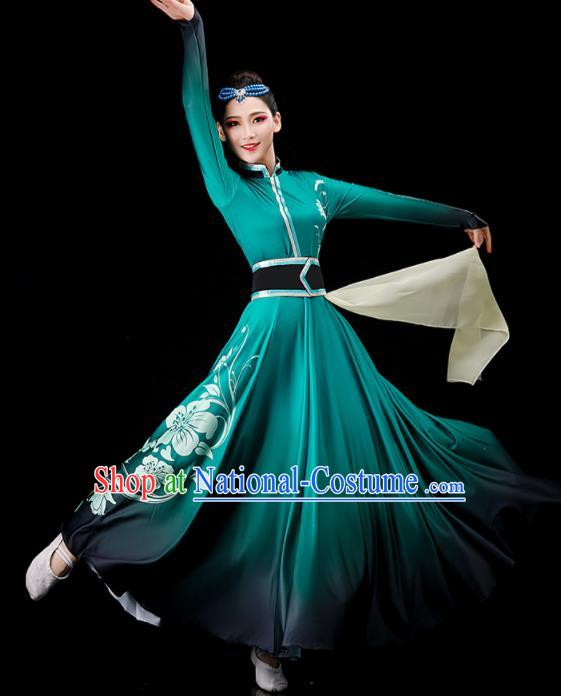 Chinese Stage Performance Clothing Mongol Nationality Dance Green Dress Ethnic Dance Costume