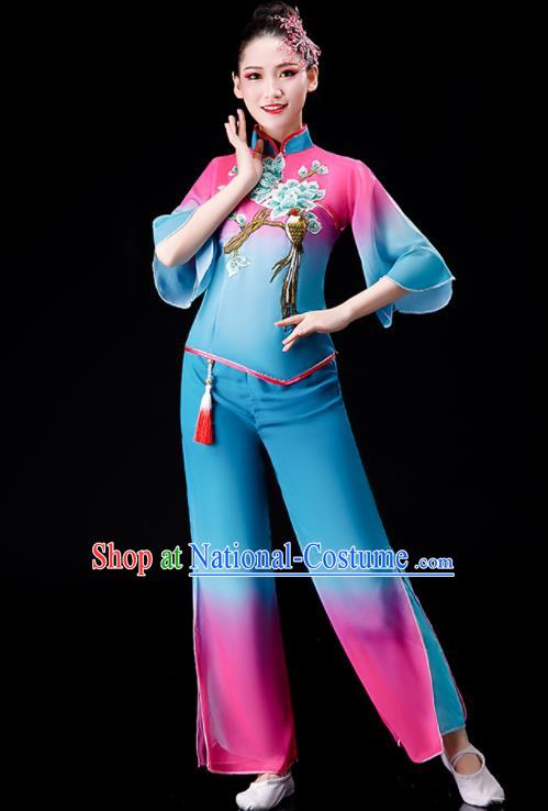 Chinese Yangko Dance Gradient Pink to Blue Outfit Folk Dance Costume Stage Performance Clothing