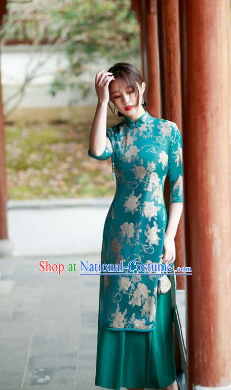 Chinese Traditional Green Cheongsam Middle Sleeve Dress Aodai Qipao