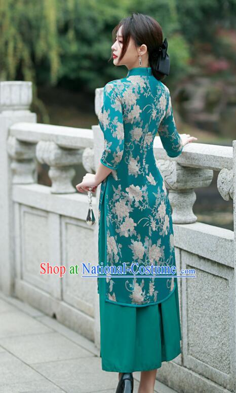 Chinese Traditional Green Cheongsam Middle Sleeve Dress Aodai Qipao