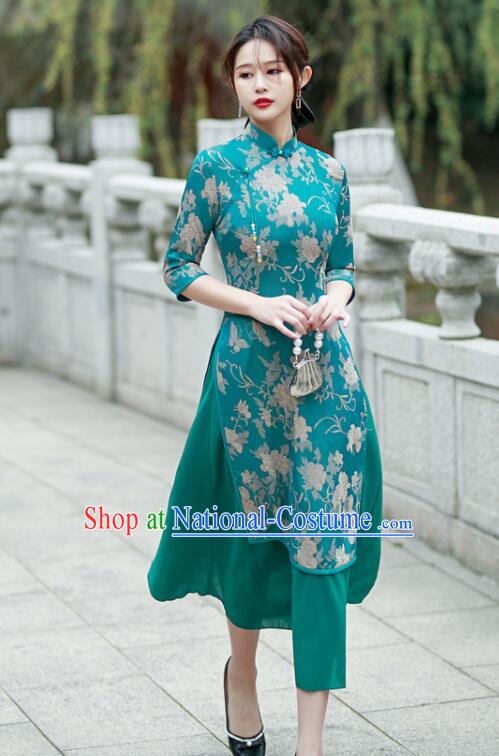 Chinese Traditional Green Cheongsam Middle Sleeve Dress Aodai Qipao