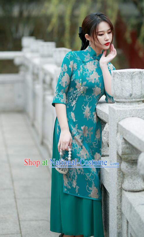 Chinese Traditional Green Cheongsam Middle Sleeve Dress Aodai Qipao