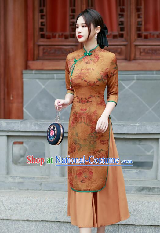 Chinese Aodai Qipao Traditional Gambiered Guangdong Gauze Cheongsam Middle Sleeve Dress