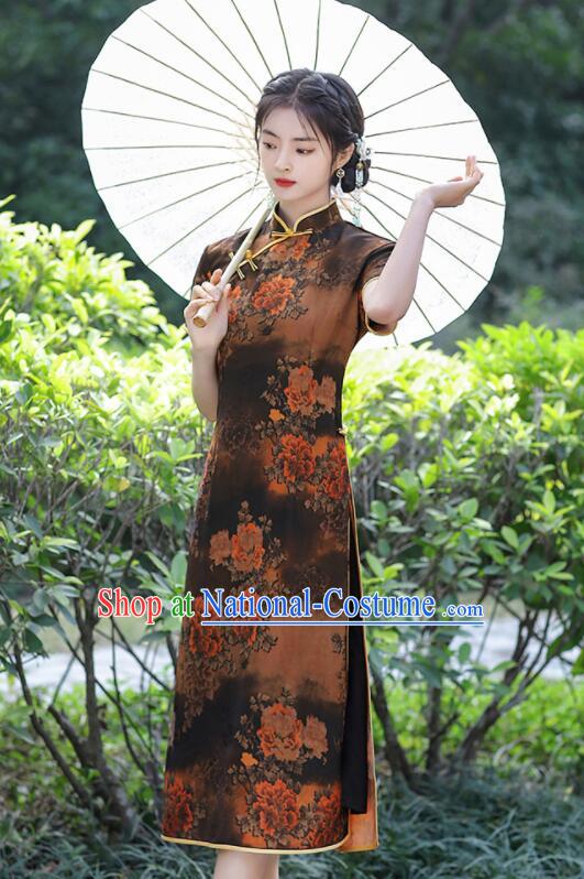 Chinese Aodai Qipao Traditional Brown Dress Classical Gambiered Guangdong Gauze Cheongsam