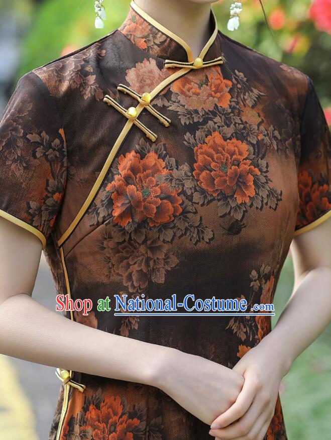 Chinese Aodai Qipao Traditional Brown Dress Classical Gambiered Guangdong Gauze Cheongsam