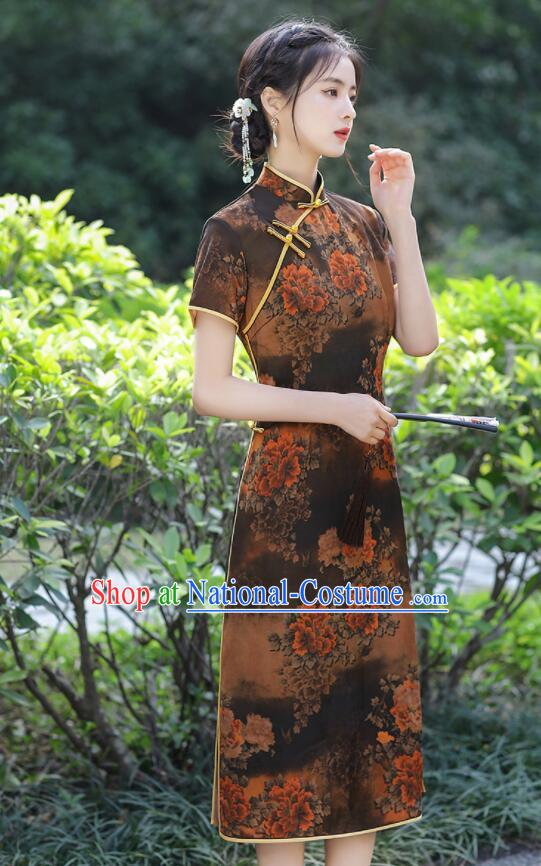 Chinese Aodai Qipao Traditional Brown Dress Classical Gambiered Guangdong Gauze Cheongsam