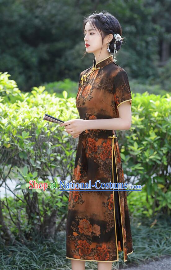 Chinese Aodai Qipao Traditional Brown Dress Classical Gambiered Guangdong Gauze Cheongsam