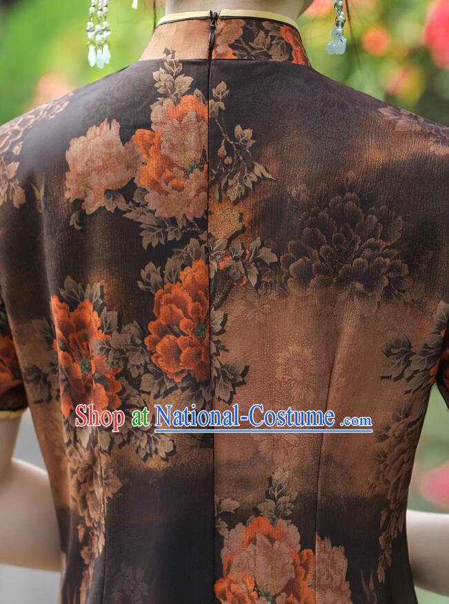 Chinese Aodai Qipao Traditional Brown Dress Classical Gambiered Guangdong Gauze Cheongsam