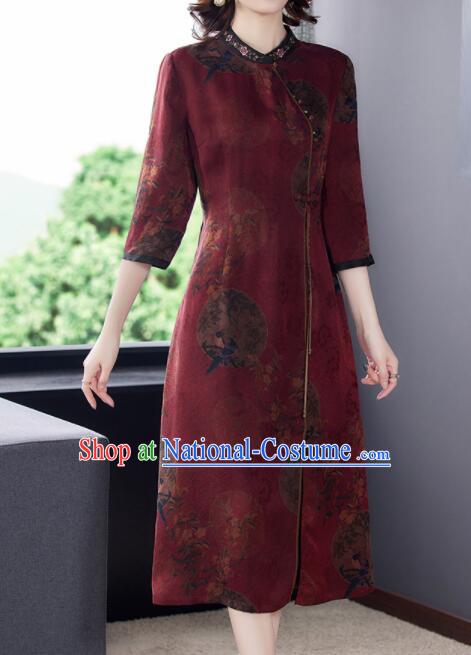 Chinese Classical Gambiered Guangdong Gauze Cheongsam Aodai Qipao Traditional Wine Red Dress