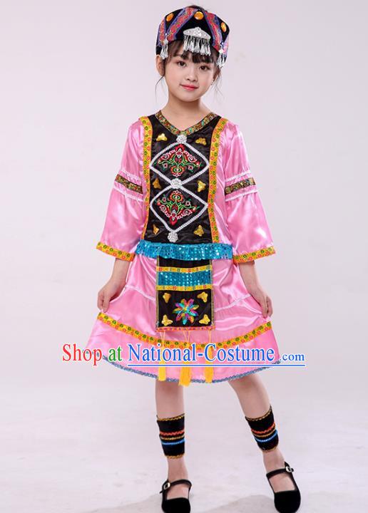 Chinese Yugu Nationality Girl Pink Dress Outfit Ethnic Dance Garment Costume Stage Performance Clothing