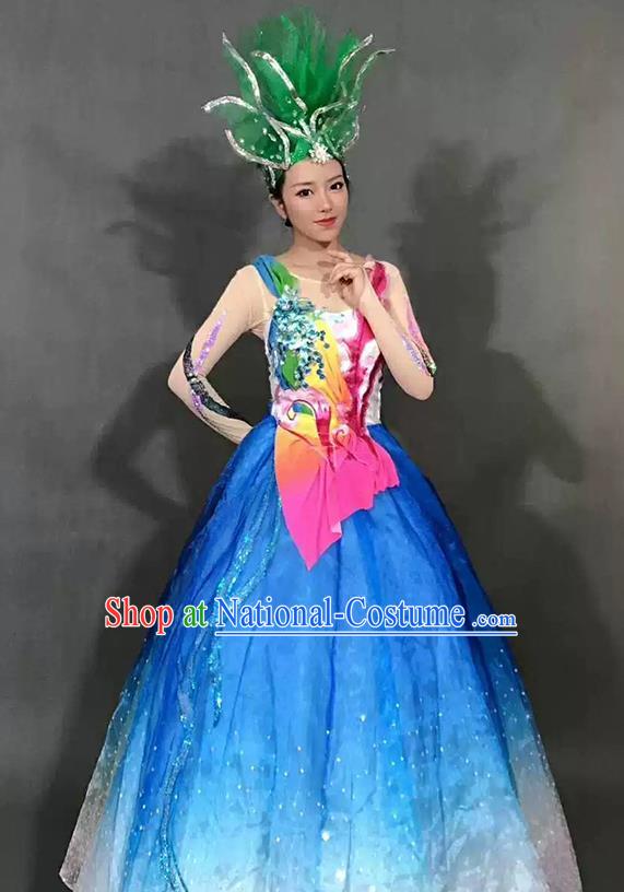 Chinese Flower Dance Garment Costume Spring Festival Gala Opening Dance Clothing Stage Performance Blue Dress