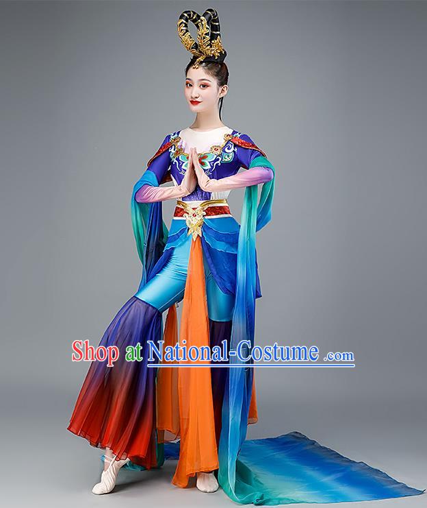 Chinese Dun Huang Flying Apsaras Dance Blue Outfit Classical Dance Clothing Spring Festival Gala Stage Performance Garment Costume