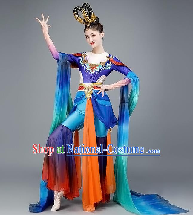 Chinese Dun Huang Flying Apsaras Dance Blue Outfit Classical Dance Clothing Spring Festival Gala Stage Performance Garment Costume