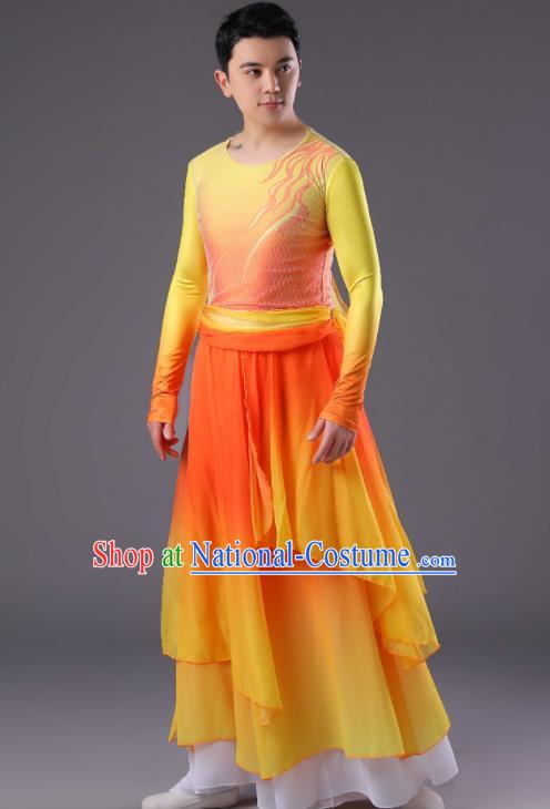 Chinese Men Drum Dance Orange Outfit Classical Dance Costume Spring Festival Gala Dance Clothing