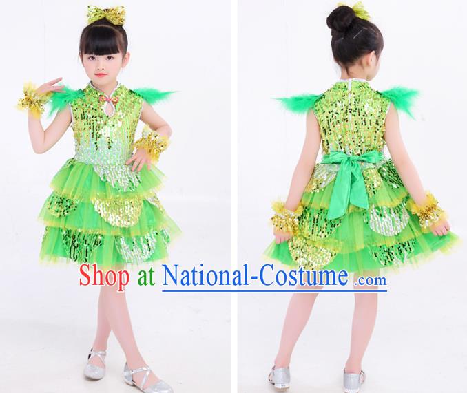 Top Modern Dance Costume Children Day Performance Clothing Girl Dance Green Dress