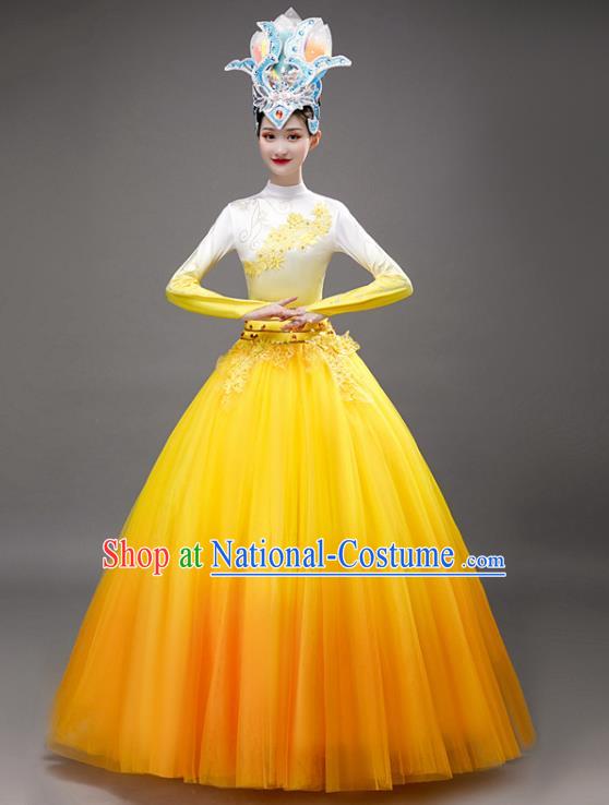 Chinese Modern Dance Yellow Dress Opening Dance Stage Performance Costume Women Group Dance Clothing