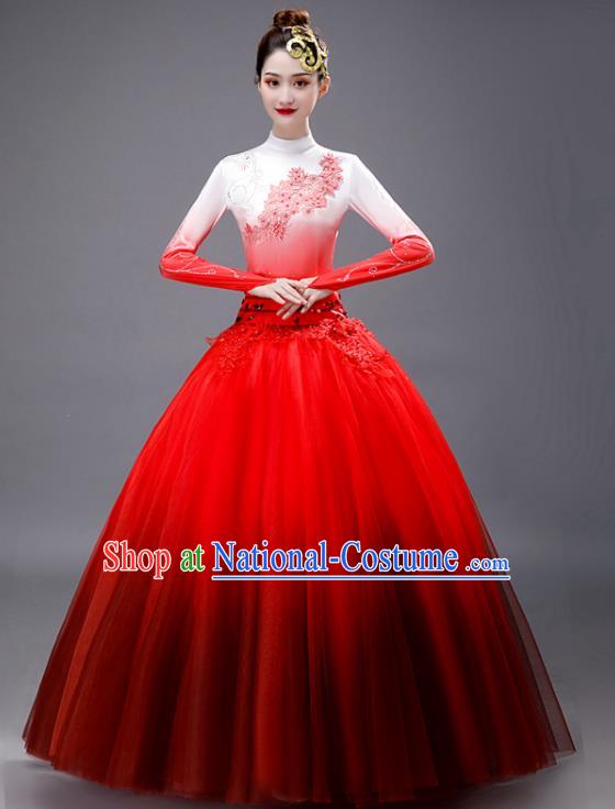 Chinese Women Group Dance Clothing Modern Dance Red Dress Opening Dance Stage Performance Costume