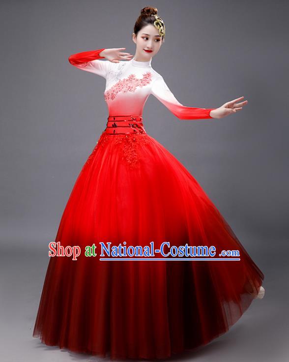 Chinese Women Group Dance Clothing Modern Dance Red Dress Opening Dance Stage Performance Costume