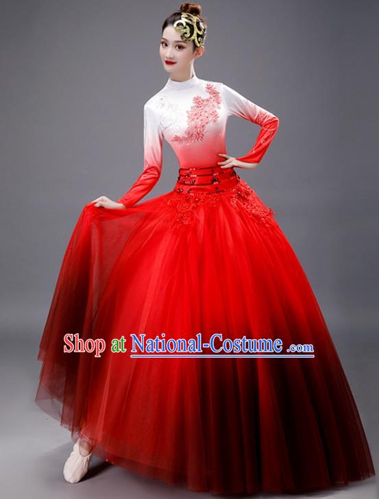 Chinese Women Group Dance Clothing Modern Dance Red Dress Opening Dance Stage Performance Costume