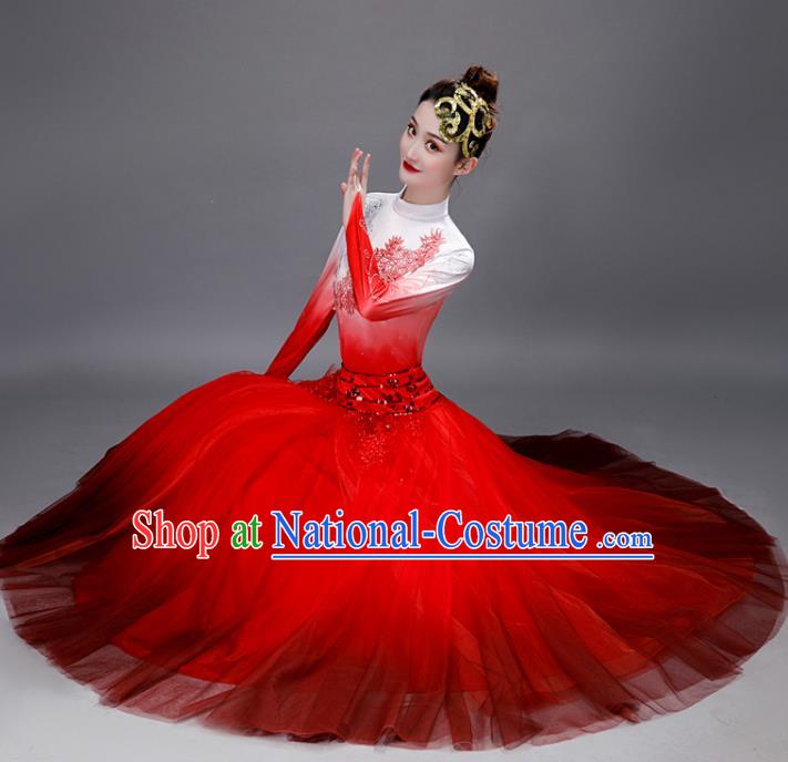 Chinese Women Group Dance Clothing Modern Dance Red Dress Opening Dance Stage Performance Costume