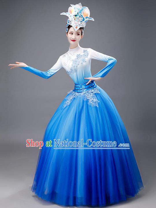 Chinese Opening Dance Stage Performance Costume Women Group Dance Clothing Modern Dance Blue Dress