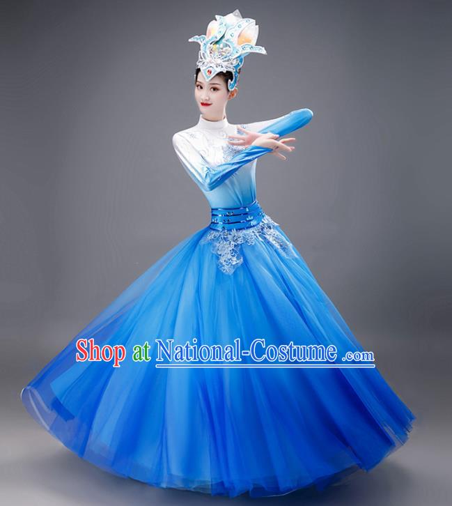 Chinese Opening Dance Stage Performance Costume Women Group Dance Clothing Modern Dance Blue Dress