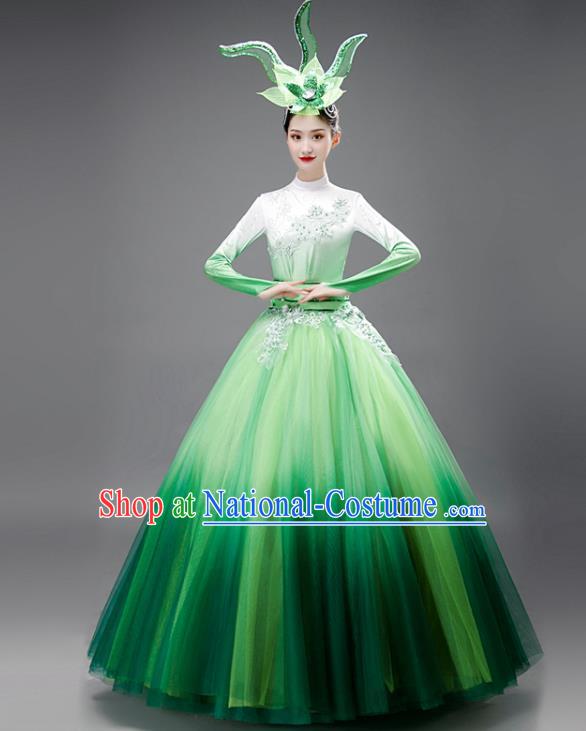 Chinese Modern Dance Green Dress Opening Dance Garment Costume Women Group Performance Clothing