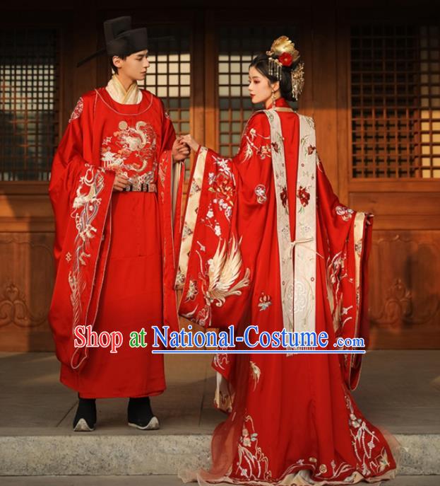 Chinese Traditional Wedding Garment Costumes Song Dynasty Bride and Groom Embroidered Clothing Complete Set