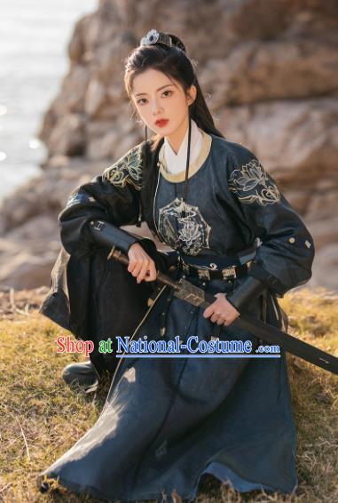 Chinese Traditional Hanfu Round Collar Robe Ancient Swordswoman Clothing Tang Dynasty Imperial Bodyguard Costumes