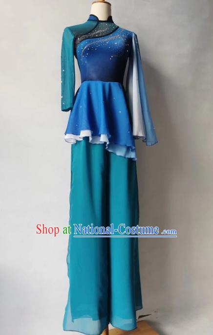 Chinese Fan Dance Garment Costumes Stage Performance Clothing Folk Dance Blue Outfit