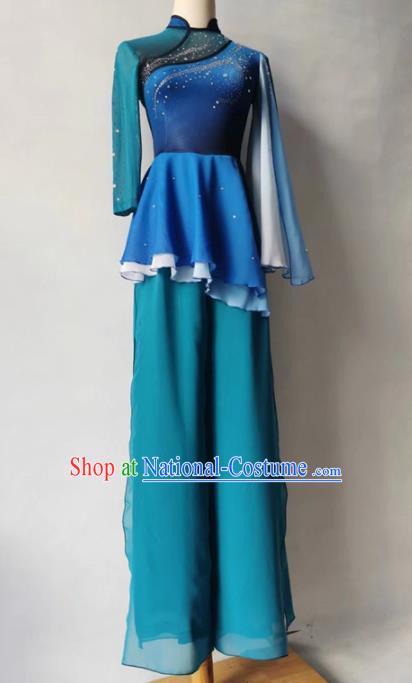 Chinese Fan Dance Garment Costumes Stage Performance Clothing Folk Dance Blue Outfit