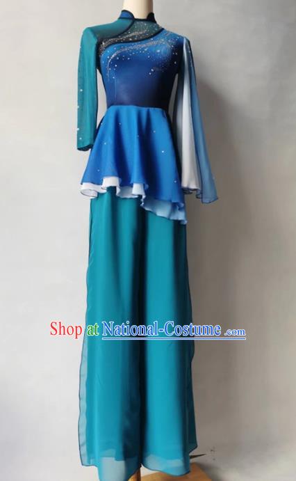 Chinese Fan Dance Garment Costumes Stage Performance Clothing Folk Dance Blue Outfit