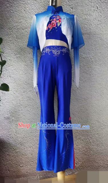 Chinese Folk Dance Deep Blue Outfit Fan Dance Garment Costumes Stage Performance Clothing