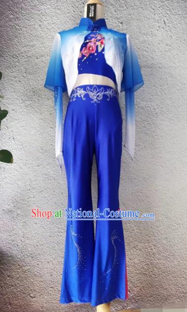 Chinese Folk Dance Deep Blue Outfit Fan Dance Garment Costumes Stage Performance Clothing