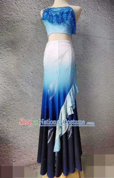 Chinese Dai Nationality Stage Performance Clothing Peacock Dance Blue Dress Outfit Yunnan Pavane Dance Garment Costumes