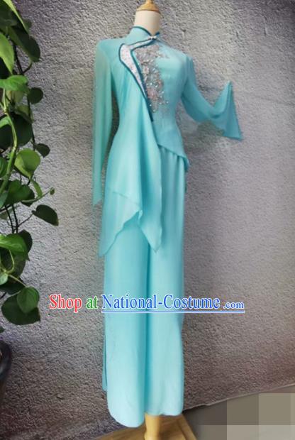 Chinese Women Stage Performance Clothing Classical Dance Light Blue Outfit Fan Dance Garment Costumes