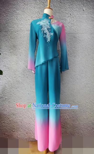 Chinese Fan Dance Garment Costume Stage Performance Clothing Folk Dance Blue Outfit