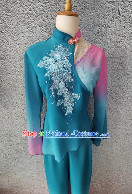 Chinese Fan Dance Garment Costume Stage Performance Clothing Folk Dance Blue Outfit