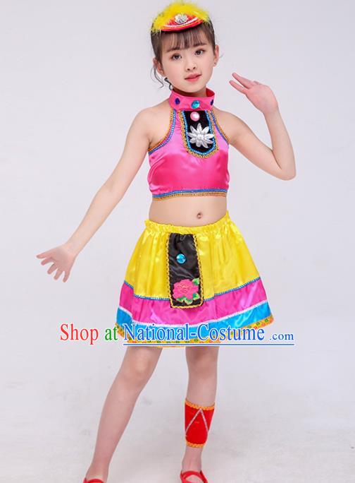 Chinese Deang Nationality Dance Pink Dress Outfit Ethnic Girl Folk Dance Costume Stage Performance Clothing