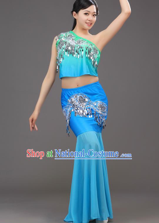 Chinese Pavane Stage Performance Clothing Dai Nationality Peacock Dance Blue Outfit Yunnan Ethnic Folk Dance Dress