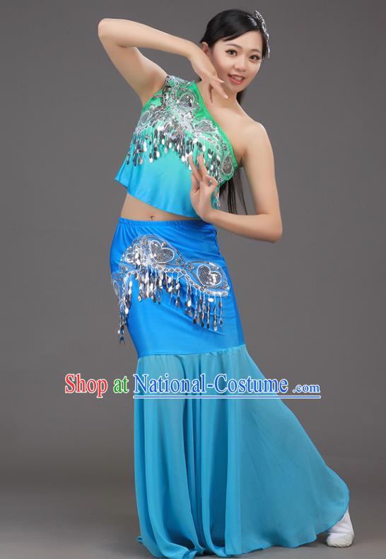 Chinese Pavane Stage Performance Clothing Dai Nationality Peacock Dance Blue Outfit Yunnan Ethnic Folk Dance Dress