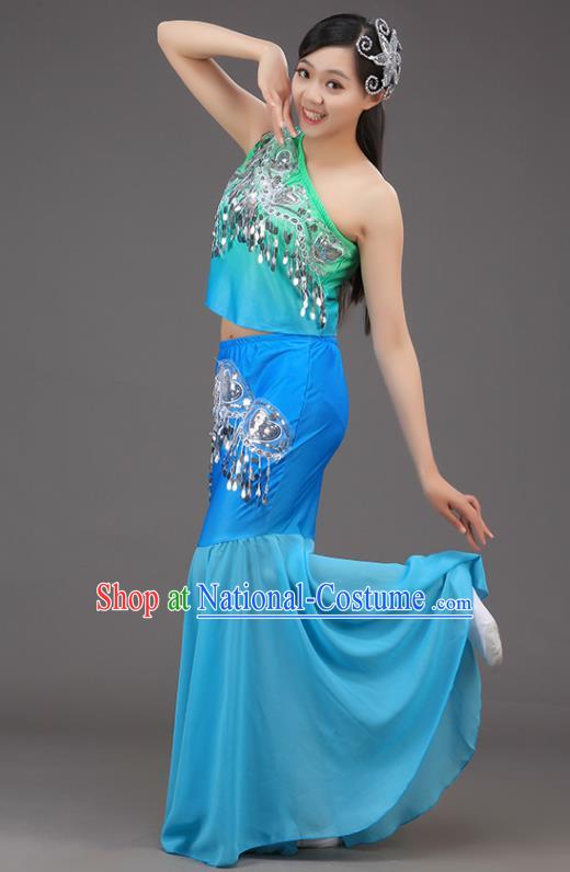 Chinese Pavane Stage Performance Clothing Dai Nationality Peacock Dance Blue Outfit Yunnan Ethnic Folk Dance Dress