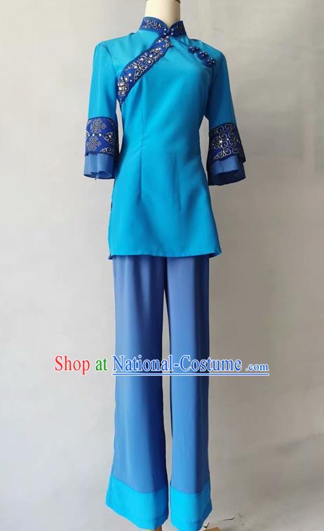 Chinese Stage Performance Clothing Folk Dance Blue Outfit Fan Dance Garment Costume