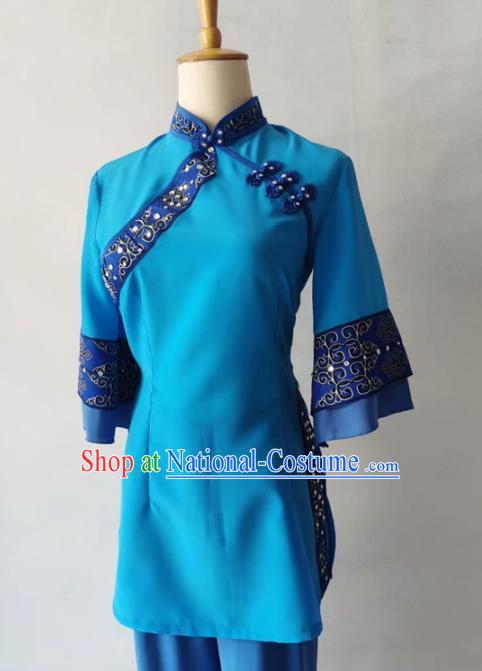 Chinese Stage Performance Clothing Folk Dance Blue Outfit Fan Dance Garment Costume