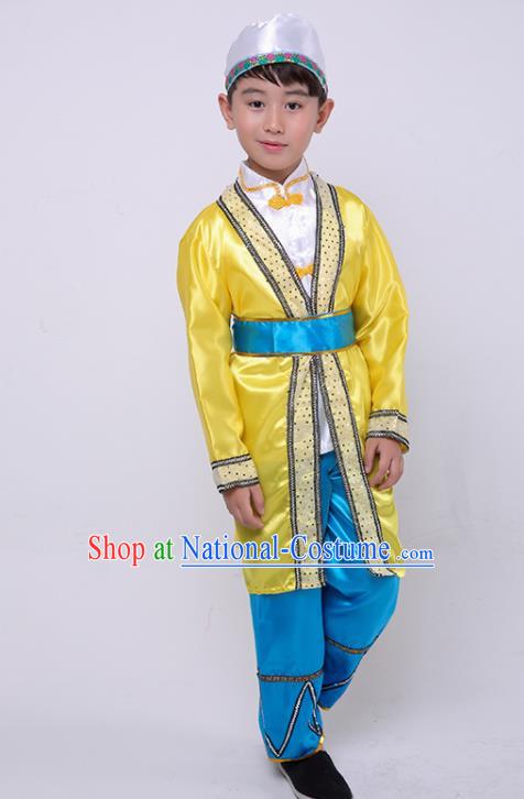 Chinese Gansu Province Dance Clothing Dongxiang Nationality Dance Yellow Outfit Ethnic Boy Folk Dance Costume