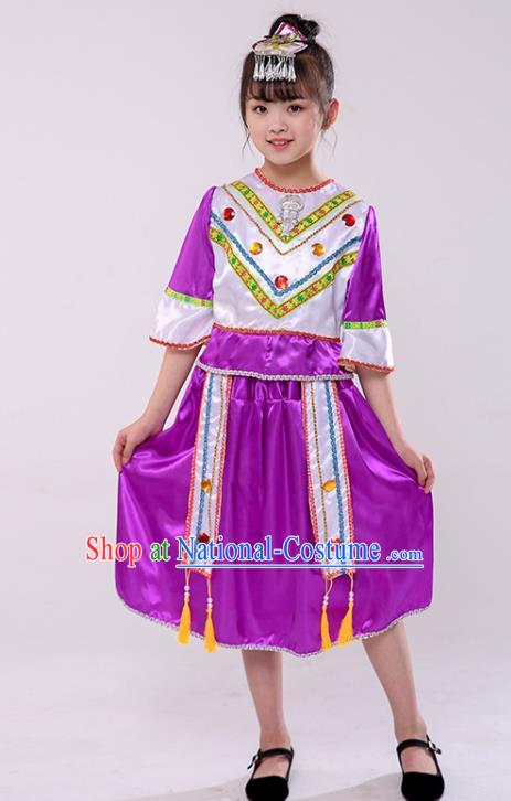 Chinese Stage Performance Clothing Naxi Nationality Dance Purple Dress Outfit Yunnan Ethnic Girl Folk Dance Costume