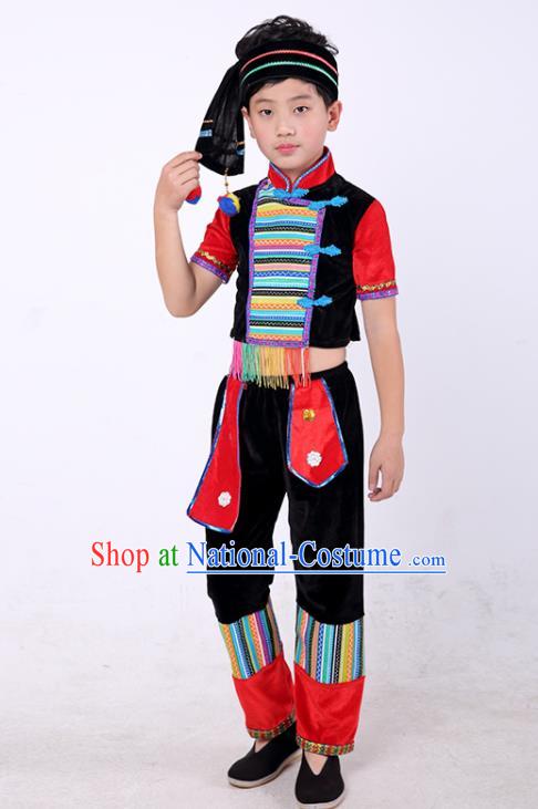 Chinese Yunnan Ethnic Boy Folk Dance Costume Stage Performance Clothing Jingpo Nationality Dance Black Outfit